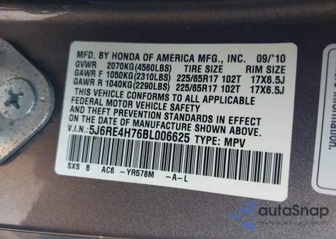 2011 Honda Cr-V Ex-L from USA, damaged, VIN 5J6RE4H76BL006625
